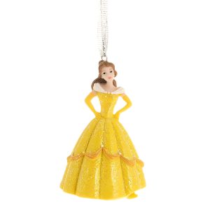 A moulded plastic Christmas tree decoration features Disney Princess Belle from Beauty and the Beast wearing her beautiful yellow ball gown. Her dress is sunshine yellow gold glitter all over and is decorated with dark gold swags around the pleats. Each swag is decorated with a white rose that matchd the three roses along her white swag collar. She is also wearing yellow evening gloves. She hangs from a white glitter ribbon, ready to hang on your tree.