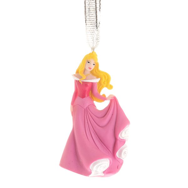 A moulded plastic Christmas tree decoration features Disney Princess Aurora from Sleeping Beauty  wearing her beautiful pink ball gown. Her dress is dusky pink with a dark pink bodice with off the sholder pink sleeves. Beneath her skirt she has a white petticoats that match the off the sholder collar of her dress, she is holding her skirt up in her left hand as if dancing. She hangs from a white glitter ribbon, ready to hang on your tree.