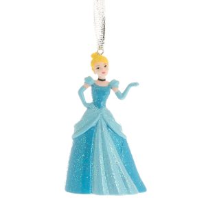 A moulded plastic Christmas tree decoration features Disney Princess Cinderella from Cinderella wearing her beautiful blue ball gown. Her dress is dark blue with matching bodice and pale blue over skirts with matching  puff sleeves and evening gloves. Her dress is covered in iridescent glitter which makes it sparkle in the light. She wears her trademark black choker around her neck and her blond hair is up in a bun. She hangs from a white glitter ribbon, ready to hang on your tree.