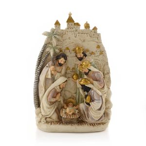 A detailed Bethlehem Nativity Scene Ornament featuring the three wise men presenting gifts to baby jesus, with mary and joseph, set against a backdrop of Bethlehem.