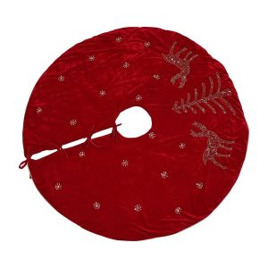 Luxury Hand Embellished Red Velour Christmas Tree Skirt with gold embroidered reindeer and snowflake designs, featuring a slit and tie closure.