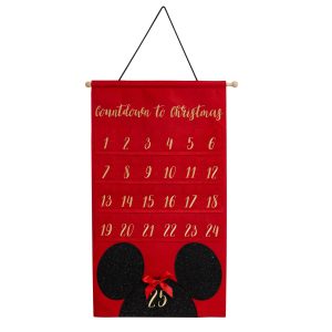 Luxury Embroidered Red Christmas Minnie Mouse Fabric Advent Calendar with numbered pockets from 1 to 24 and a large black Minnie mouse head silhouette for the 25th, hanging from a wooden rod.