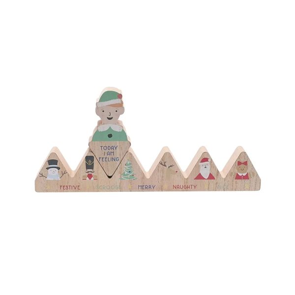 Decorative wooden Mood Calendar - 29.5cm. Featuring a wooden elf marker and different festive mood descriptions.