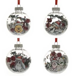 Disney's Winnie the Pooh Boxed Set of Four Cute Character Baubles with red ribbons, each featuring different cartoon characters in festive attire surrounded by silver and green confetti.