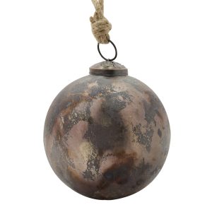 Beautiful Bronze & Grey Glass Christmas Tree Bauble with a weathered surface, with a metal cap and hessian string.