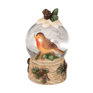 Hand Painted Robin & Pinecones Snow Globe - 7.5cm with a robin figurine inside, standing on a base decorated with pinecones and leaves. Snowflakes appear suspended in the globe.