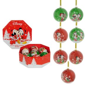 A Boxed Set of 7 Disney's Mickey & Minnie Mouse Baubles featuring festive red and green ornaments, some displayed hanging, while others rest in an open red box decorated with trees—perfect for a magical holiday season.