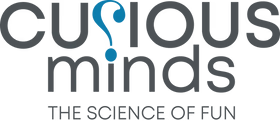 Logo of Curious Minds with the text "THE SCIENCE OF FUN" below. The 'i' in "curious" is stylized as a blue question mark.