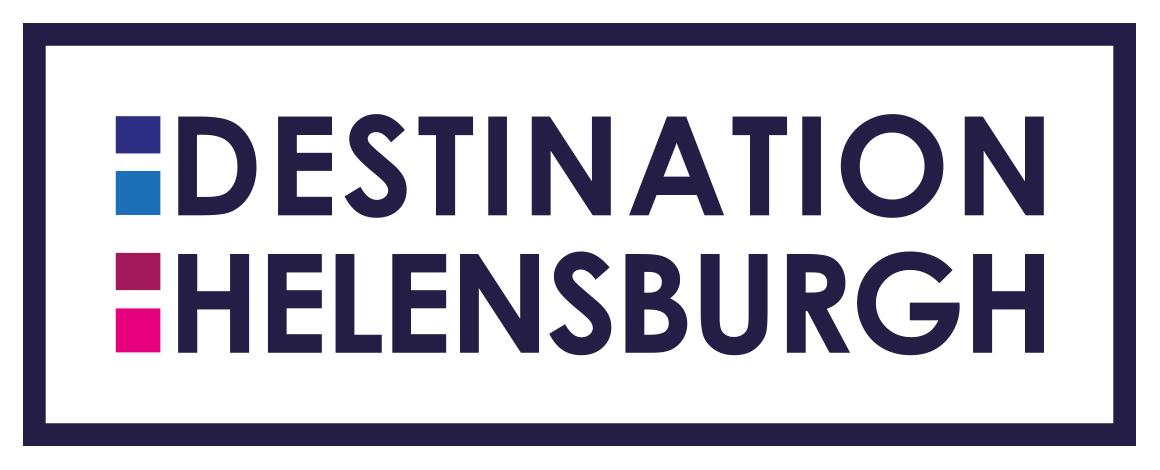 A white logo with a navy blue border, featuring the words "Destination Helensburgh" in bold navy blue capital letters. The word "Destination" is preceded by two blue squares, and "Helensburgh" by two pink squares.