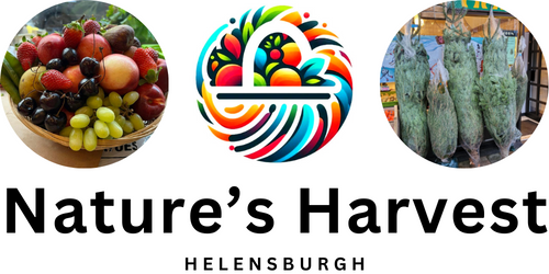 Logo for Nature's Harvest in Helensburgh, featuring images of fresh fruit, a colorful logo, and bunches of herbs.