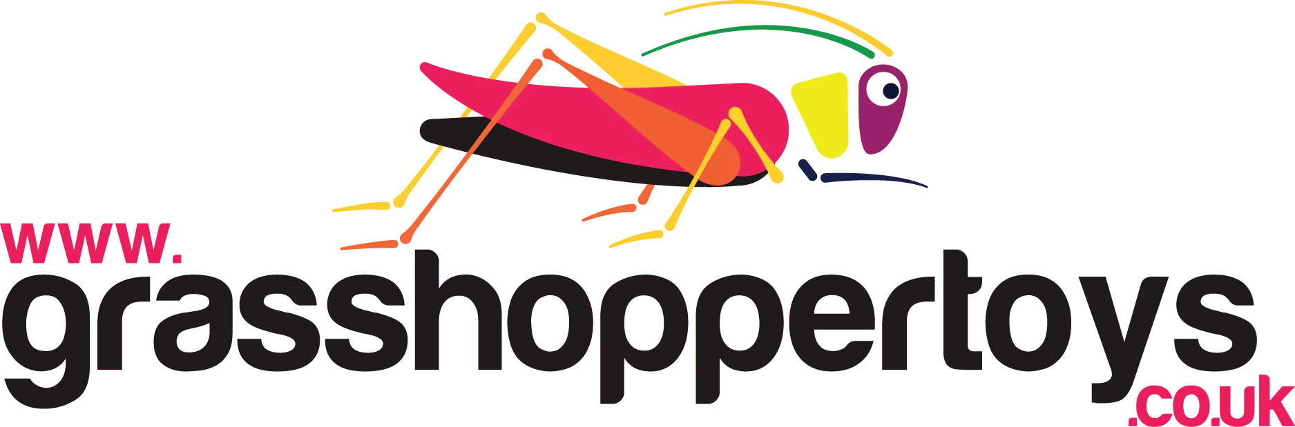 Logo of Grasshopper Toys featuring a colorful, stylized grasshopper above the text "www.grasshoppertoys.co.uk.