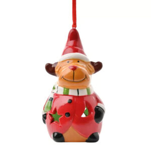 An Adorable Ceramic Rudolph Hanging Decoration featuring a cat wearing a Santa hat and red coat, complete with a red ribbon for hanging.