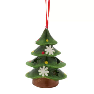 A Green Ceramic Christmas Tree Hanging Decoration adorned with green branches, red and yellow dots, white snowflakes, and a red hanging ribbon.