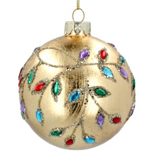 Gorgeous Gold Leaf Bauble with Multicoloured Jewels and Glitter Vines - 8cm A gold leaf covered Christmas tree bauble, embellished with vibrant multicoloured jewels and shimmering glitter leaf patterns.