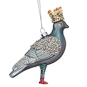 A charming glass pigeon Christmas Tree hanging decoration featuring a glittery body and wings, red feet, and a golden crown suspended by a string,