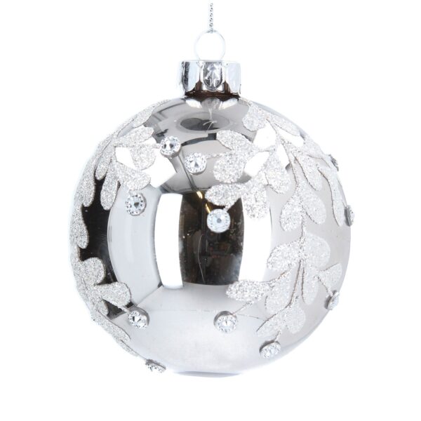 Silver lacquered glass Christmas bauble featuring a glittery leaf and diamante berry design.