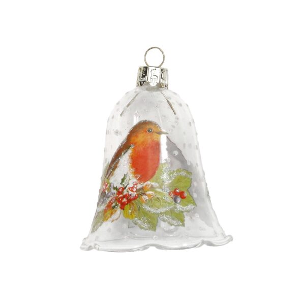 Charming Clear Glass Bell with Robin Motif by Gisela Graham This charming clear glass bell hanging tree decoration by Gisela Graham features, on both sides, a motif depicting a cute colourful Robin nestled on a bed of festive foliage. The rest of the bell is covered with tiny white polka dots. Inside the bell the clapper is made of a glass ball suspended with plastic twine which gives a lovey chime when the bell is gentle shaken.