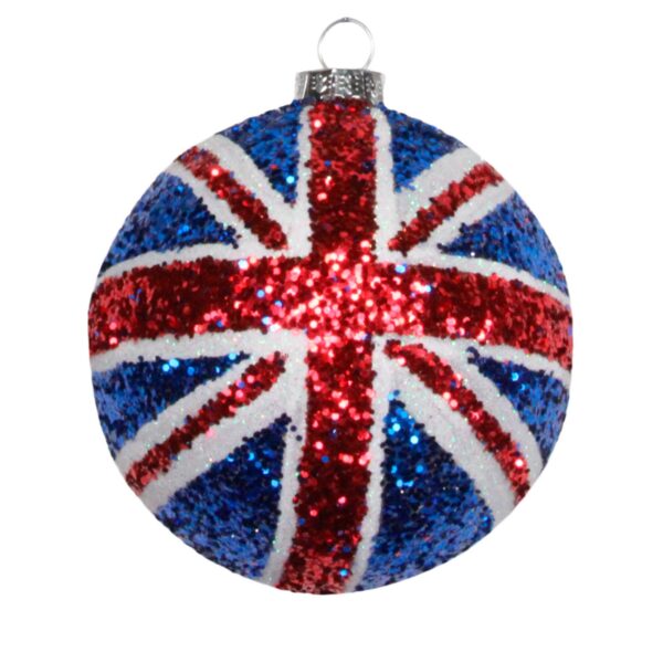 A charming glass Christmas bauble featuring a Union Jack flag design and embellished with red, white, and blue glitter all over.