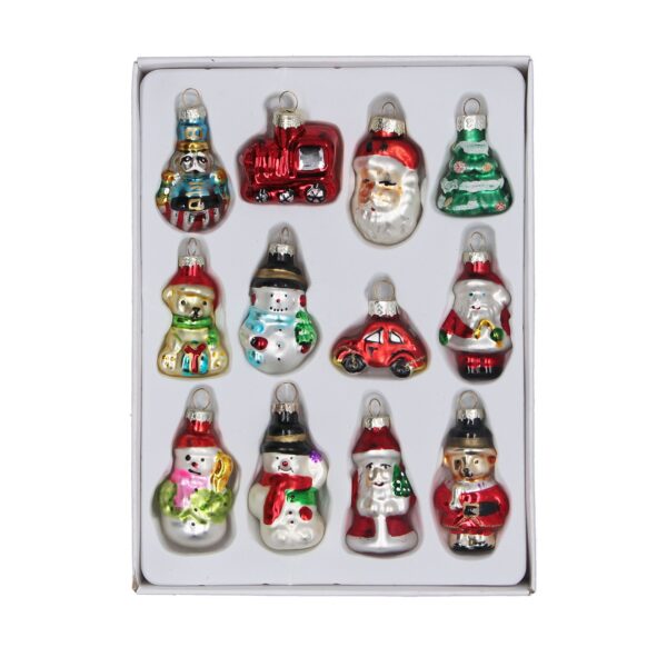 A box containing twelve assorted Christmas ornaments, including figures of Santa, a Christmas tree, snowmen, a train, a teddy bear, a nutcracker and a car. All finished with a metallic paint and glitter highlights.