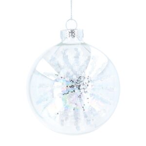 A clear glass Christmas tree bauble with an iridescent finish. Silver sequins, glitter and clear glass beads form a starburst pattern on two sides.