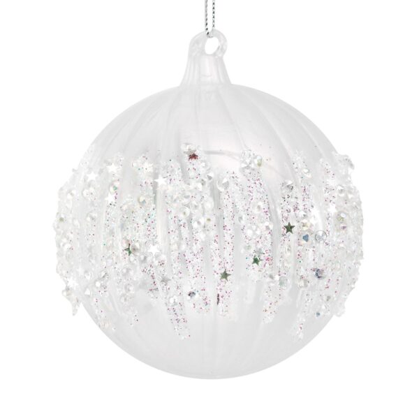 This beautiful, large clear glass Christmas tree bauble, by Gisela Graham, ishand blown and has ribbed segments It is decorated around the middle with a zigzag band made of silver glitter, tiny silver stars and round clear glass jewels. It is 10cm wide and hangs from a silver string. A great space filler that naturally catches and relects the light.