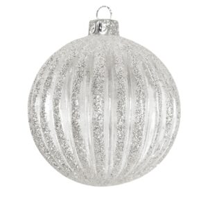 A clear glass ribbed Christmas bauble covered with sparkling silver glitter all over.