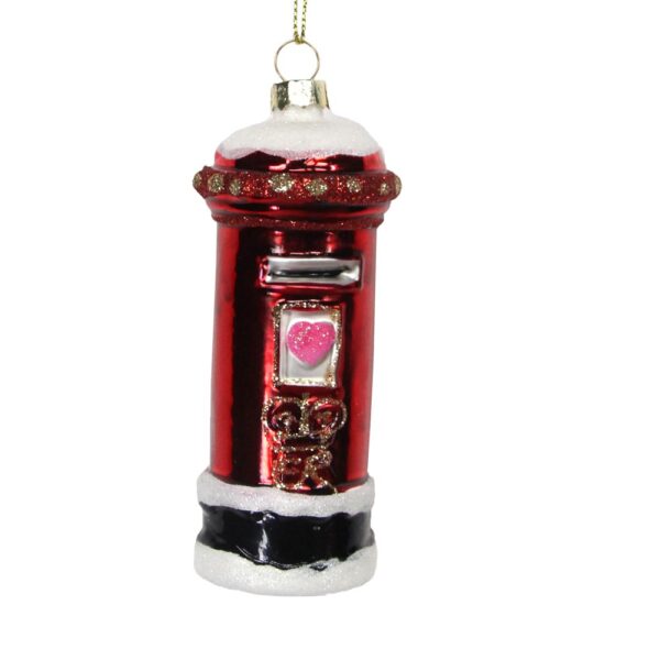 A charming red and white Christmas ornament, resembling a traditional British postbox and decorated with glitter details.