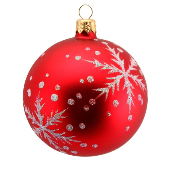 A beautiful red Christmas ornament featuring white snowflake patterns and small dots creating a festive and elegant display.