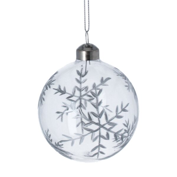 80mmx80mmx80mm clear glass bauble , with a beautiful silver etched snowflake design on both sides. topped with a silver cap with a lovely diamond design.