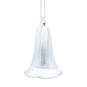 A clear glass bell-shaped ornament with fluted edges elegantly hanging from a silver string against a white background.