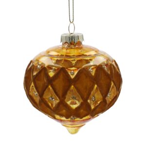 Fabulous Flocked Gold Glass Onion Bauble This gold glass, onion shaped bauble by Gisela Graham will add a touch of luxury to your Christmas tree. Decorated with a fabulous gold flocked diamond pattern around the middle and interspaced with gold glitter dots. This bauble will be sure to add a touch of glamour to the tree this year.