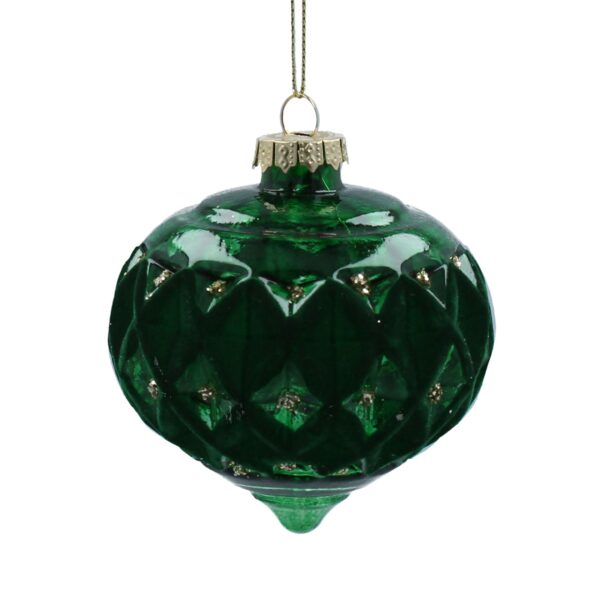 Fabulous Flocked Green Glass Onion Bauble This green glass, onion shaped bauble by Gisela Graham will add a touch of luxury to your Christmas tree. Decorated with a fabulous green flocked diamond pattern around the middle and interspaced with gold glitter dots. This bauble will be sure to add a touch of glamour to the tree this year.