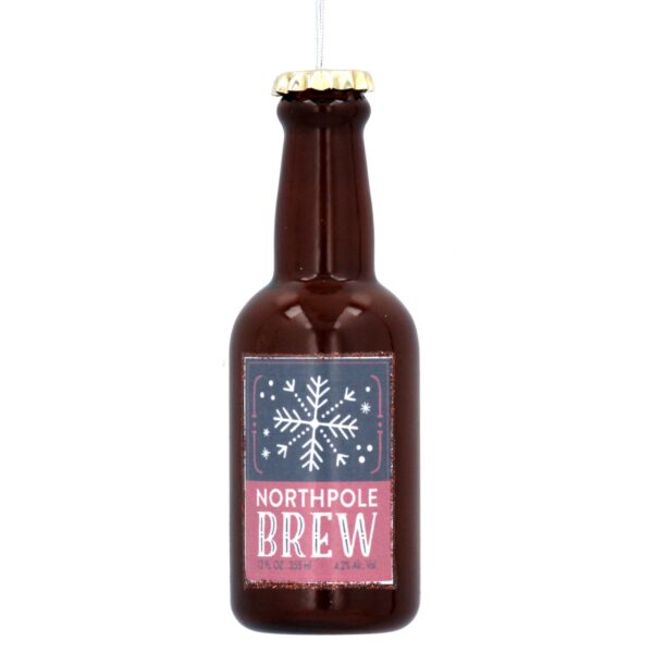 This decoration is a glass bottle design finished with a realistic looking label on the front that reads 'North Pole BREW' The label also features a white snowflake design and is also surrounded by a bronze glitter border which adds a subtle sparkle to finish off the decoration.