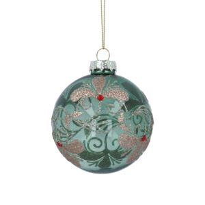 Gorgeous Green Glass Bauble with Glittery Gold Floral Design This gorgeous translucent green glass bauble, by talented designer Gisela Graham, has been decorated with a glittery gold floral design featuring curly vines, large petals and is finished with red diamante jewels.