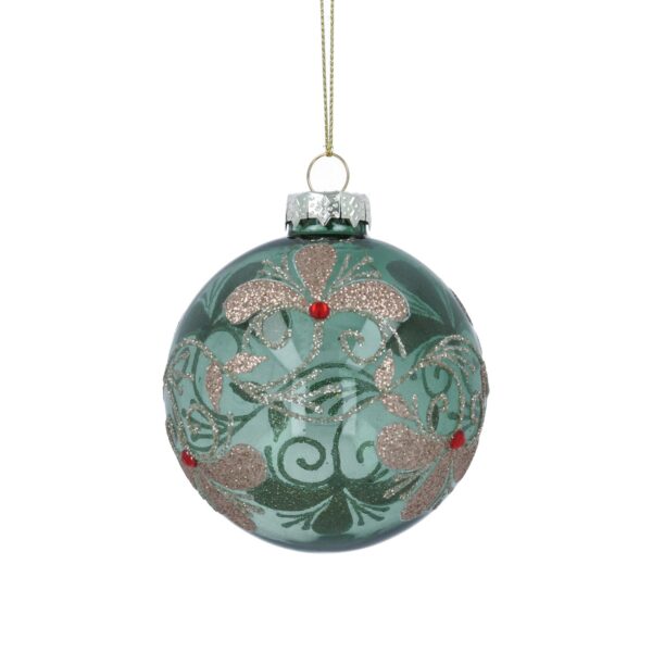 Gorgeous Green Glass Bauble with Glittery Gold Floral Design This gorgeous translucent green glass bauble, by talented designer Gisela Graham, has been decorated with a glittery gold floral design featuring curly vines, large petals and is finished with red diamante jewels.