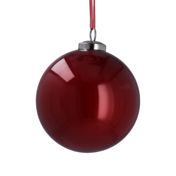 A large 10cm bauble with a deep red shiny finsh with a silver fastner and a lovely clear red ribbon