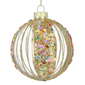 A beautiful clear 8cm bauble with mulit colour delicate sequins in four quarters with delicate gold beads in stripes with a gold topped fastner attatched to the christmas tree with a gold string