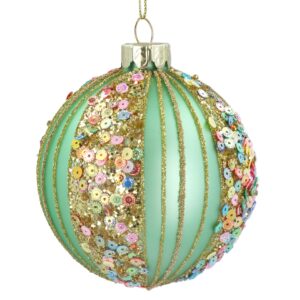 Pretty pale green bauble with colorful sequins in four quarterswith gold beading in stripes , perfect for adding a touch of elegance to your holiday decor.