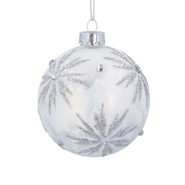 A white frosty Christmas tree bauble, embellished with silver glitter starburst designs and diamantes.