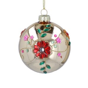 This pretty pale gold mirror shine Christmas tree bauble ornament is adorned with red, green, orange and pink floral gemstone designs and gold glitter vines, sparkling beautifully.