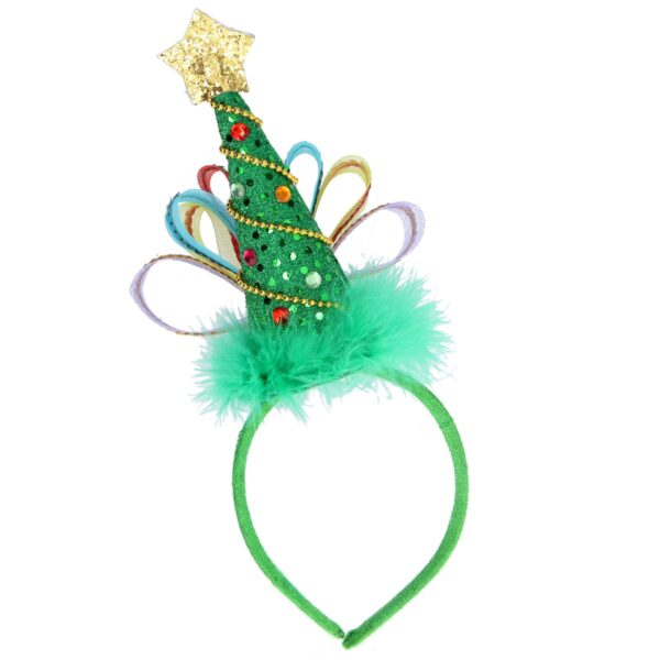 A whimsical headband showcasing a plush Christmas tree decorated with sequins and colouful jewels and a base of green feathers with vibrant colourful ribbons to the side and a gold star on top. A green band pairs beautifully with the tree.