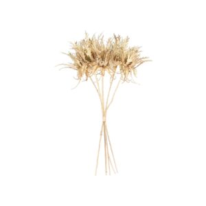 A bouquet of antique gold coloured acrylic Thistle flowers tied together with a small string, isolated on a white background, similar to the elegant look of the Pretty Pale Gold Clip On Magnolia Flower with Sequins.