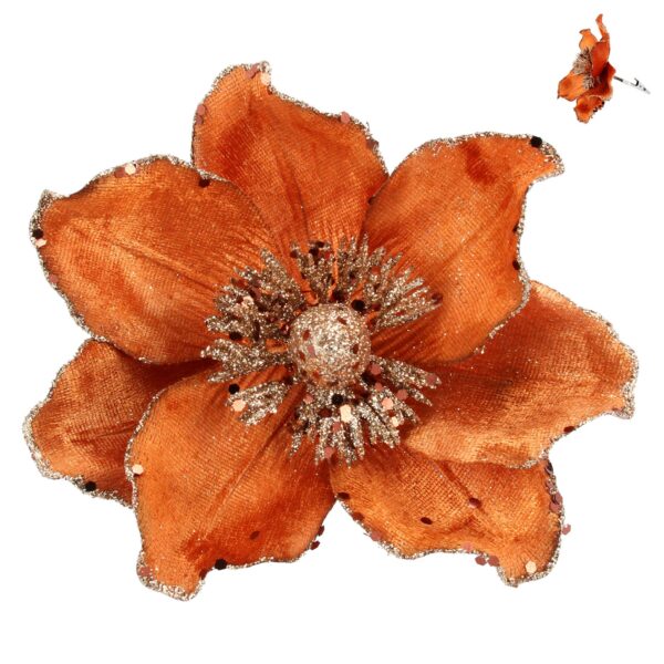 Rich Russet Coloured Fabric Clip On Magnolia Flower Add a touch of glamour to your Christmas tree or wreath with this Rich Russet Coloured Fabric Clip On Magnolia Flower by Gisela Graham. This pretty flower's petals are expertly crafted from rish russet velour material and edged in gold glitter. A a sparkly gold glitter stamen sits at the centre of the flower. The flower is attached to a silver crododile clip for attaching to your tree or wreath branches.