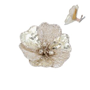 A Pretty Pale Gold Clip On Magnolia Flower with Sequins and a metal clasp.