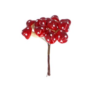 A cluster of artificial red mushrooms with white spots on brown stems, reminiscent of the whimsical charm of a fairy tale