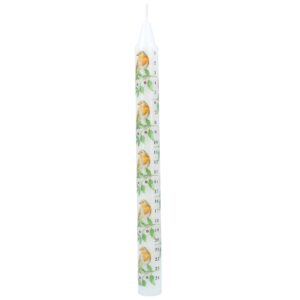 Elegant Robin and holly advent candle A white candle adorned with numbers and orange birds on branches, forming a harmonious centerpiece.