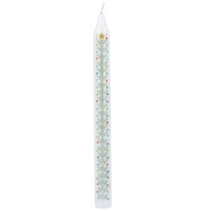 A white taper candle featuring a countdown from 1 to 24, decorated with a green Christmas tree motif and colourful polka dots.