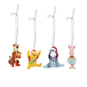 A set of four hanging decorations featuring festive Tigger, Winnie the Pooh, Eeyore, and Piglet from Disney's "Winnie the Pooh," each adorned with hats and scarves and attached to silver ribbons.