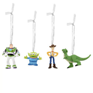 Four Disney's Toy Story Hanging Decorations featuring Buzz Lightyear, an alien, Woody, and Rex the dinosaur, each adorned with a silver ribbon.