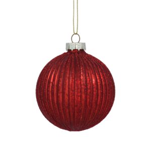 A red glittery Christmas ornament with ridged texture, hanging from a gold string.